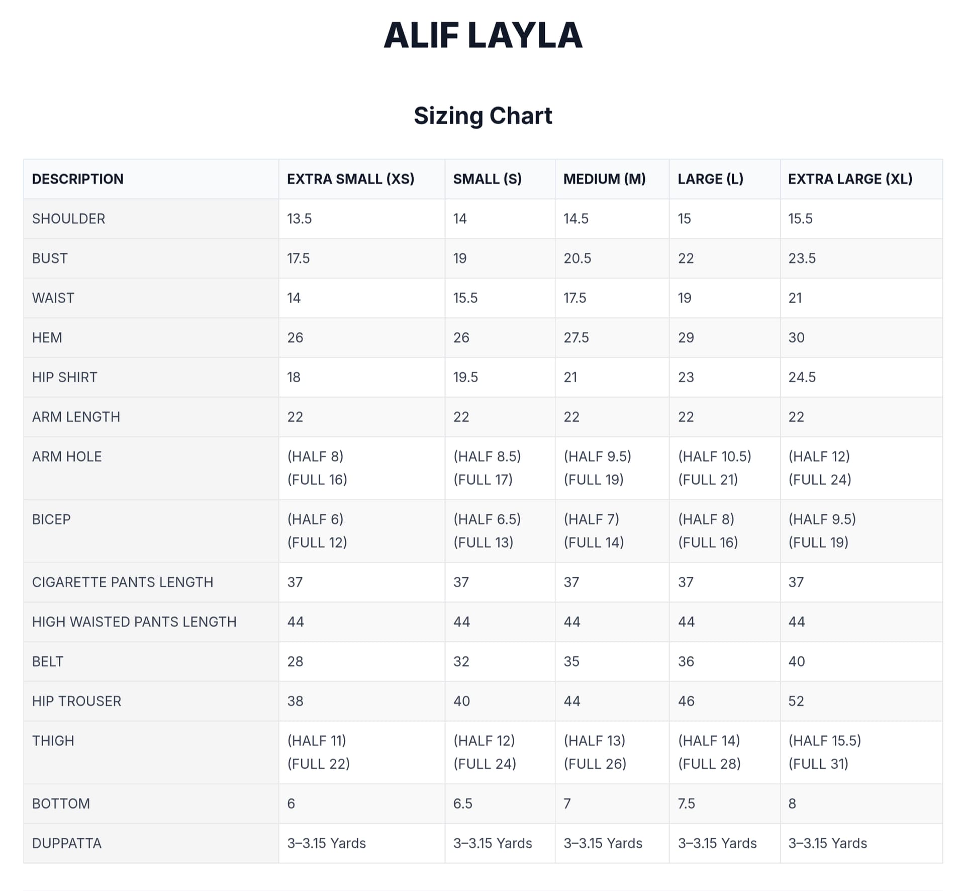Alif Layla Size Guide